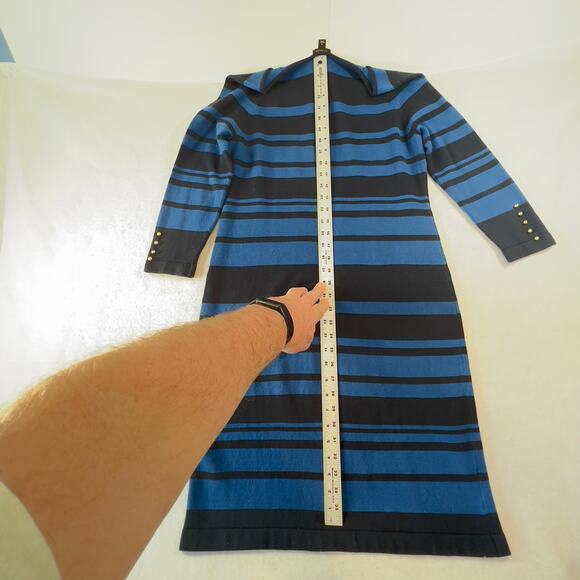 Ann Taylor Knit Dress Just Above the Knee Woman S Blue Stripe Gold Button Detail - Picture 7 of 11